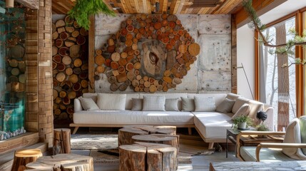 Rustic Cabin Living Room with Cozy Wood Accents and Natural Light
