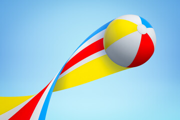 3d rendering of colorful rainbow beach ball with trail on blue background