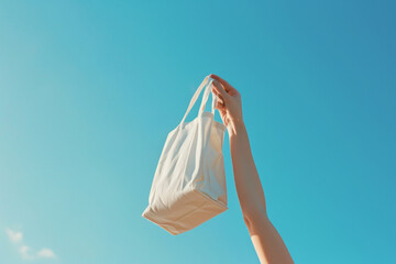 Hand Holding Reusable Bag Against Blue Sky. international plastic bag free day