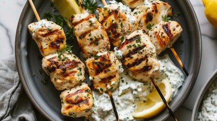 Grilled Chicken Skewers with Tzatziki Sauce and Lemon Wedge