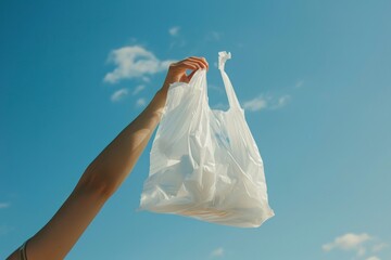 Hand Holding Reusable Bag Against Blue Sky. international plastic bag free day