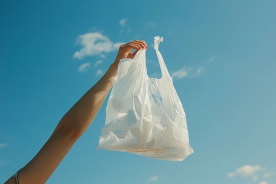 Hand Holding Reusable Bag Against Blue Sky. international plastic bag free day - Powered by Adobe