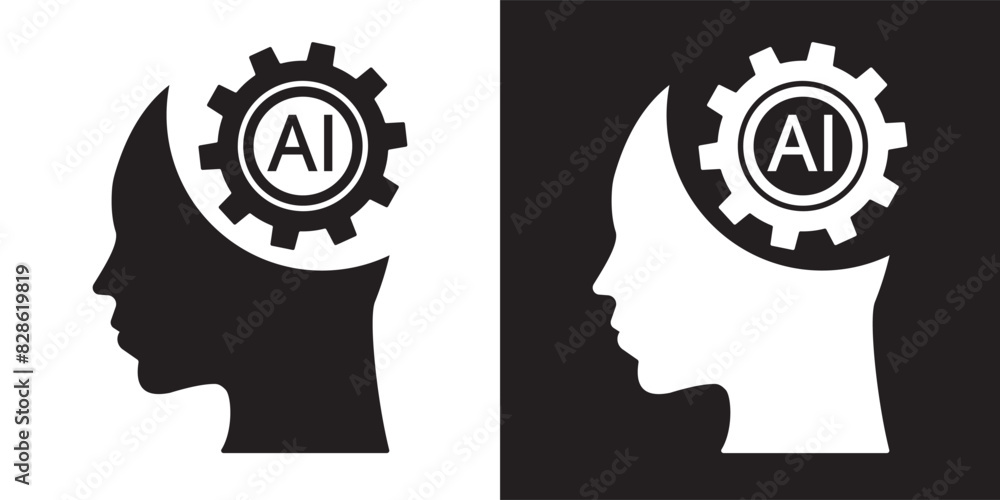 Aufkleber Human face with a gears icon. Artificial intelligence technology concept design, Machine learning. Isolated artificial Intelligence symbols. Vector illustration for banner and web template.