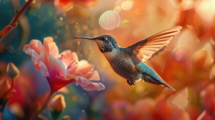 Fototapeta premium A close-up of a hummingbird hovering in front of a vibrant flower, its iridescent feathers shimmering in the light. 8k, full ultra HD, high resolution, cinematic photography
