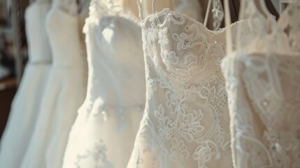 Elegant Bridal Gowns on Hangers in Boutique Display