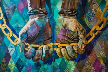 Hands with Artistic Body Paint Against Chain Background Nelson Mandela International Day