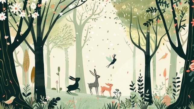 Enchanted Forest Scene with Playful Animals and Lush Greenery