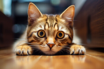 Close-up of a cat with wide eyes lying on a wooden floor. - Powered by Adobe