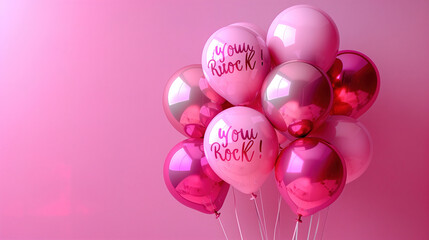 Metallic balloons with You Rock! on a pastel purple background, background banner add text copy space