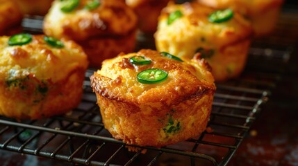 Jalapeno cornbread muffins on a decorative plate. Close-up of savory baked goods with fresh herbs.