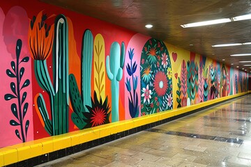 Colorful mural of cacti and flowers in a subway station