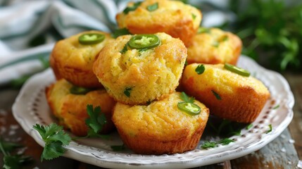 Jalapeno cornbread muffins on a decorative plate. Close-up of savory baked goods with fresh herbs.