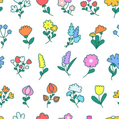 Spring flowers with leaves. Seamless pattern. Botanical leaf. Hand drawn style. Vector drawing. Design ornaments.