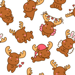 Cute kawaii moose character. Seamless pattern. Cartoon funny wild animal. Hand drawn style. Vector drawing. Design ornaments.