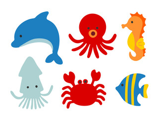 A set of cute hand-drawn illustrations with the concept of the summer sea. Set of marine creature such as whale, fish, octopus, seahorse, crab and squid.