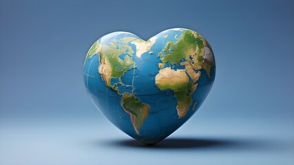 Isolated on a blue background, a close-up of a heart-shaped earth with room for copy