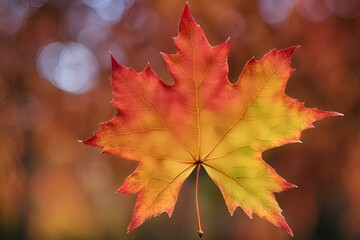 Close-up of Autumn Maple Leaf, Vibrant Red and Yellow Colors, Detailed Veins, Macro Photography, Seasonal Beauty, High Resolution, Nature Image