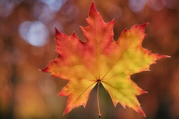 Fototapeta premium Close-up of Autumn Maple Leaf, Vibrant Red and Yellow Colors, Detailed Veins, Macro Photography, Seasonal Beauty, High Resolution, Nature Image