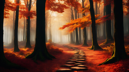 A serene forest path surrounded by trees in full autumn colors. The ground is covered with fallen...