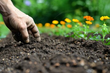 Close up of hand planting seedling in garden soil, emphasizing new growth and connection with nature, natural light, vibrant green background, showcasing gardening care