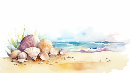 Watercolor painting of seashells on a sandy beach with ocean waves and sky in the background.