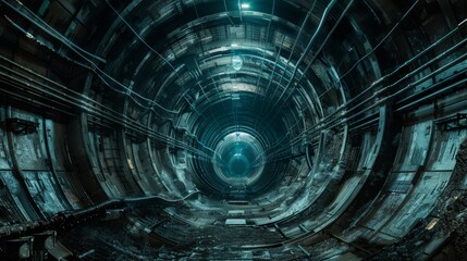A large, empty, dark tunnel with a large, round hole in the middle