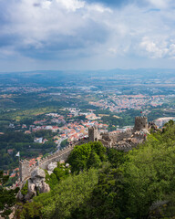 The City of Sintra, Portugal seen from a high viewpoint during a cloud day