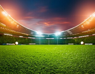 Empty football stadium under night lights, soccer field with illumination and green grass background