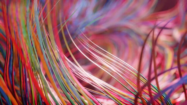 live curls underwater like fur, multi-colored threads or hair. Mist and DOF bokeh effects. Volumetric lights. Mysterious background with live curved lines, close-up. 4k seamless looped bg.