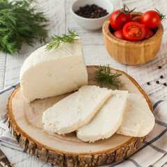 Soft Adygei cheese presented on a wooden slice, accompanied by cherry tomatoes and fresh dill