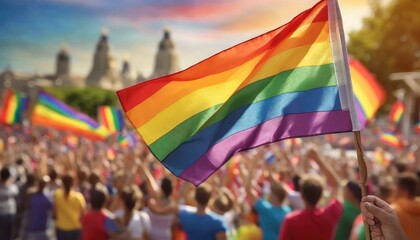 Naklejka premium lgbt flag on the background of the pride parade, queer lgbtq pride month, June 1, the fight against homophobia and bullying, tolerance, summer holiday, freedom and rights