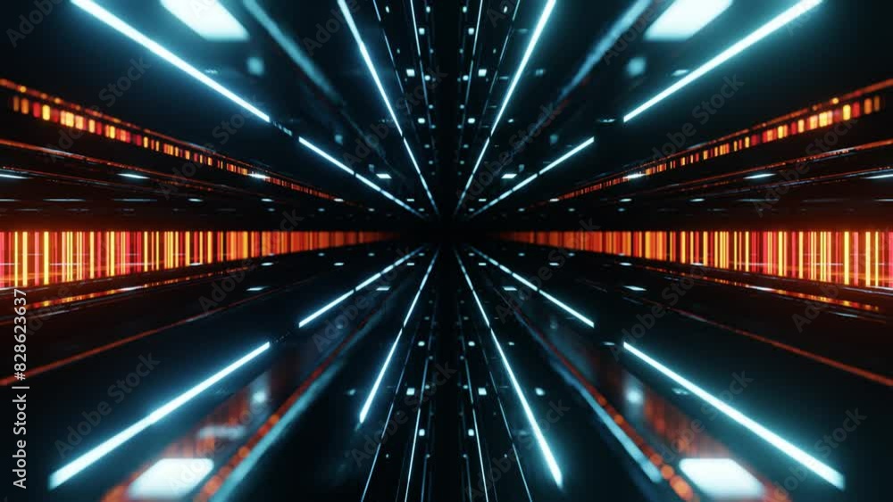 Poster fly through mirror designs form tunnel technology cyberspace with neon glow. sci-fi flight through d