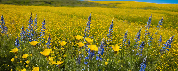 A wide field covered with bright yellow and blue flowers. 
