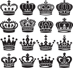 Collection of Crown Vector Illustration Silhouette. Vintage Design Symbol of of Royal King. Luxury Retro Badge