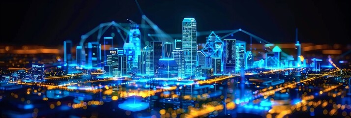 Fototapeta premium 3D rendering of the city with buildings made up only of digital data and computer chips, Futuristic digital cityscape with neon lights and glowing buildings at night 