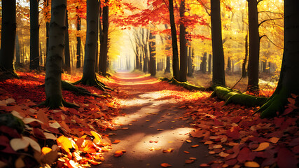 A serene forest path surrounded by trees in full autumn colors. The ground is covered with fallen...