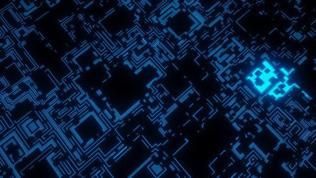 4k looped animation. Hi tech pattern on plane surface, neon glow, complex elements and structure. 3d objects form sci fi composition on surface 3d pattern. Information technology, futuristic hardware