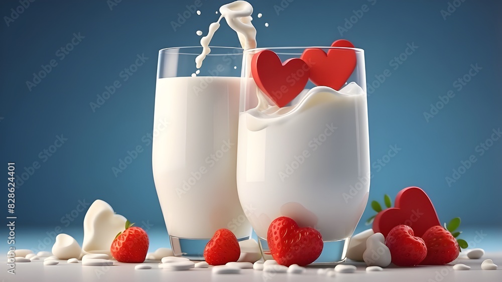 Poster a 3d representation of a nutritious drink with a heart-shaped isolated background and a dash of milk