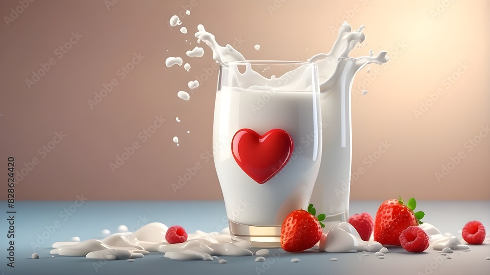 Poster a 3d representation of a nutritious drink with a heart-shaped isolated background and a dash of milk