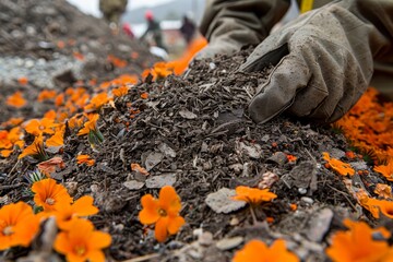 Obraz premium Hands spreading mulch around orange flowers in garden bed, close up, natural light, emphasizing soil health and gardening care