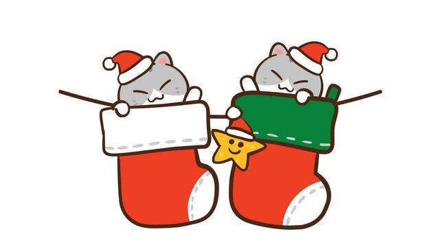 Animated Cute Cat Waving in Socks - White Background
