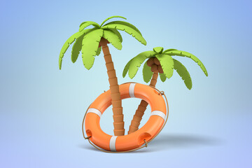Palm trees in lifebuoy on blue background