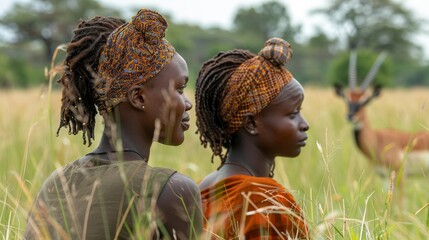 Two individuals observing wildlife in the Savannah, blending with the natural environment