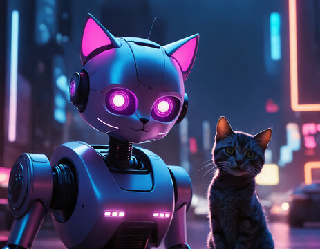 A cat sits quietly next to a robocat on a busy city street. 