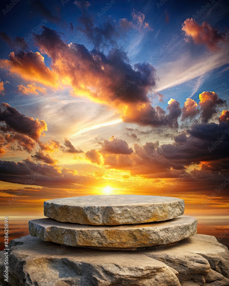 Wall mural Stone Podium with Dramatic Sunset Sky Background