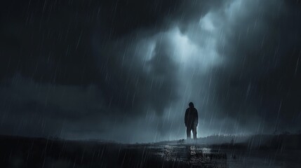 Obraz premium A man stands alone in the rain, looking up at the sky. Scene is somber and lonely