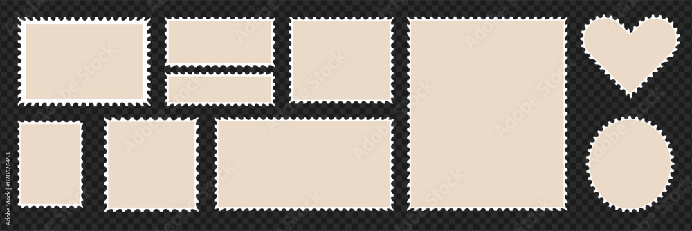 Poster set of postcard stamp frames, vector post elements. vintage postal paper card. label border in squar