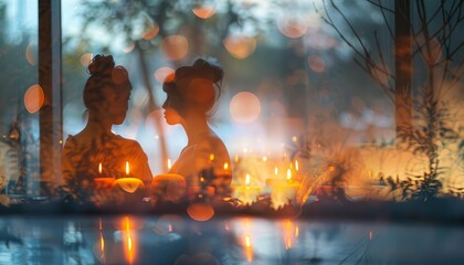 Silhouettes of two women with candles during twilight, creating a peaceful and reflective atmosphere with soft bokeh lights in the background.