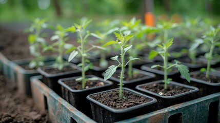A series of seedling palettes were laid out on the ground, each containing different types and sizes of plant seeds in black plastic pots filled with rich soil.