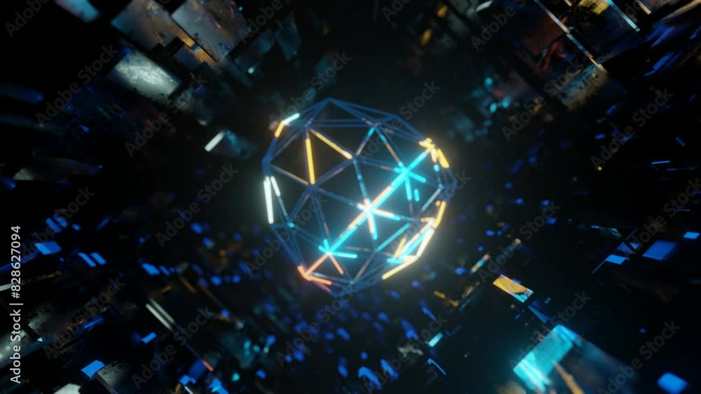 Poster 3d object or structure rotates and moves inside glass mirror tunnel with neon light, bright reflecti